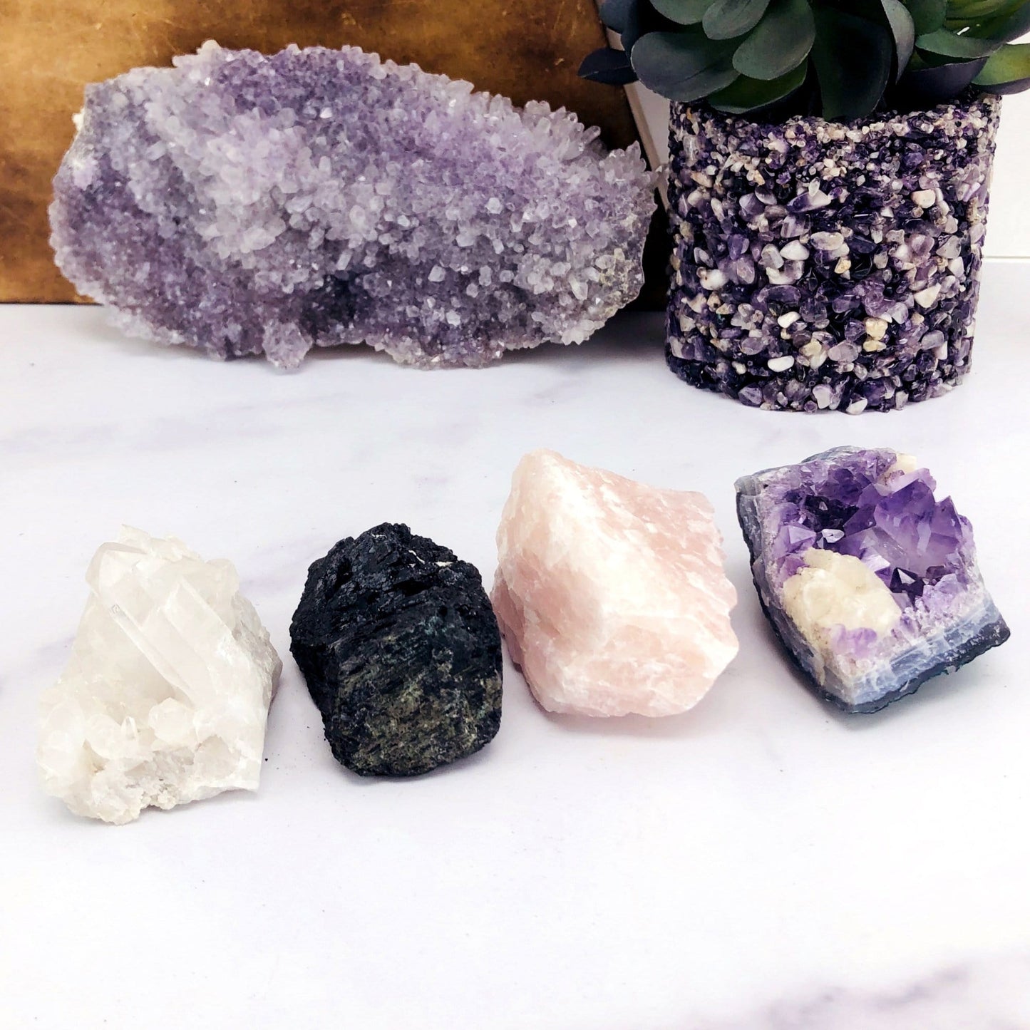 Mixed Crystal Cluster Flat Box: Amethyst, Rose Quartz, Crystal Quartz, and Tourmaline