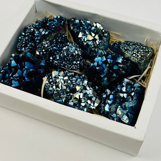 mystic blue titanium coated amethyst crystals in flat box