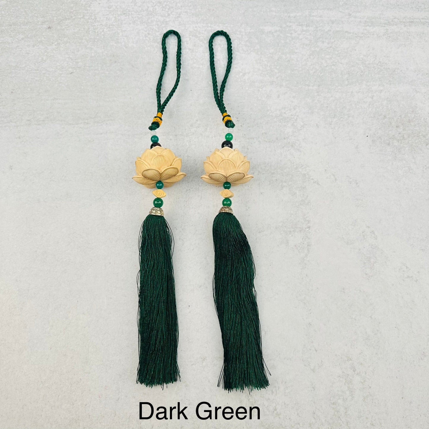 Wooden Lotus Flower Colored Tassels - You Choose Style -wooden lotus flower tassel with decorations in the background