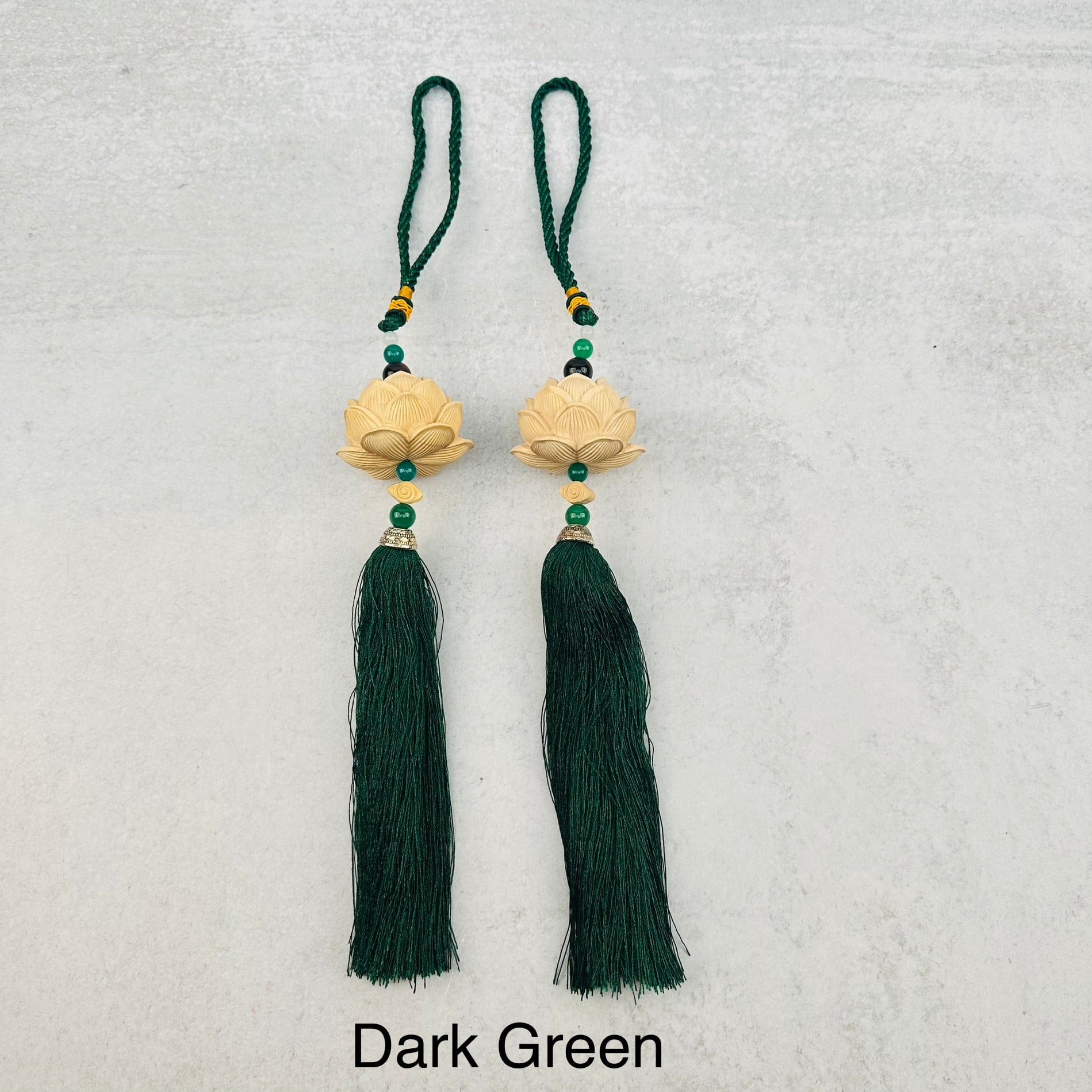 Wooden Lotus Flower Colored Tassels - You Choose Style -wooden lotus flower tassel with decorations in the background