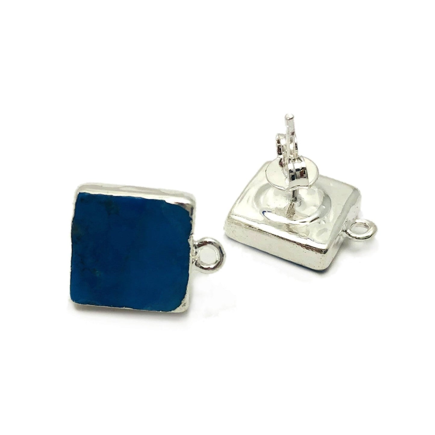 Turquoise Howlite Square Stud Earrings with Hoop - Front and back view of electroplated silver edge earrings.