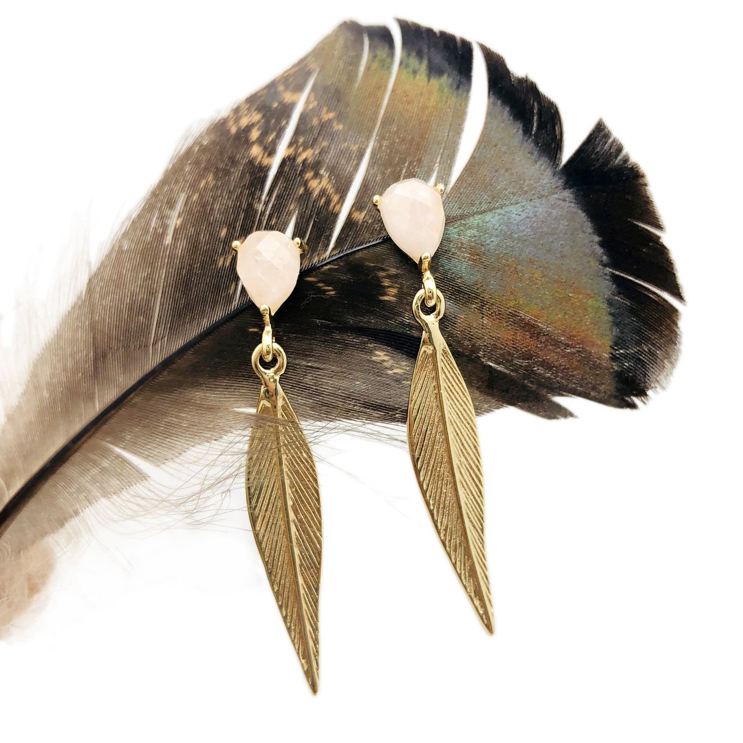 Feather Dangle Earring with Stone Stud - Gold Electroplate 8BROWNSHELF
