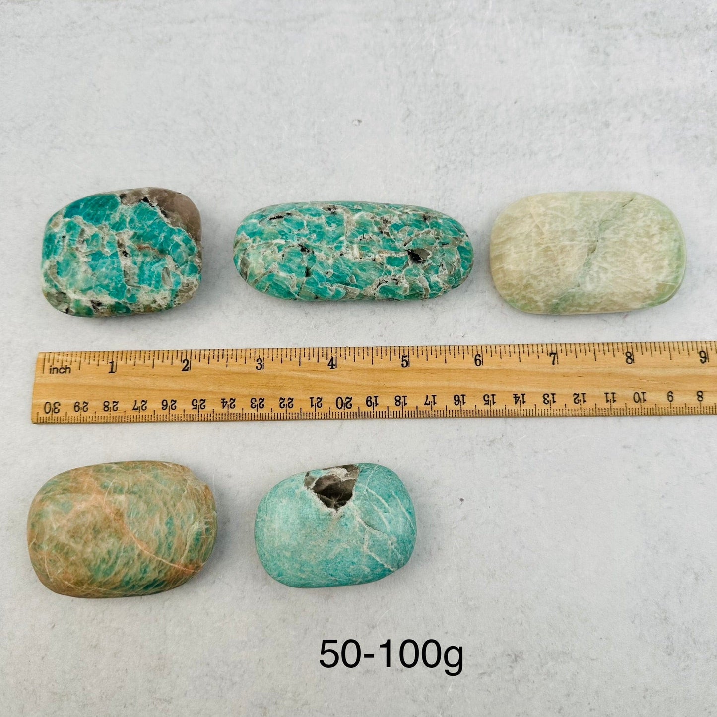 Amazonite Palm Pocket Stone - You Choose Weight - next to a ruler for size reference 