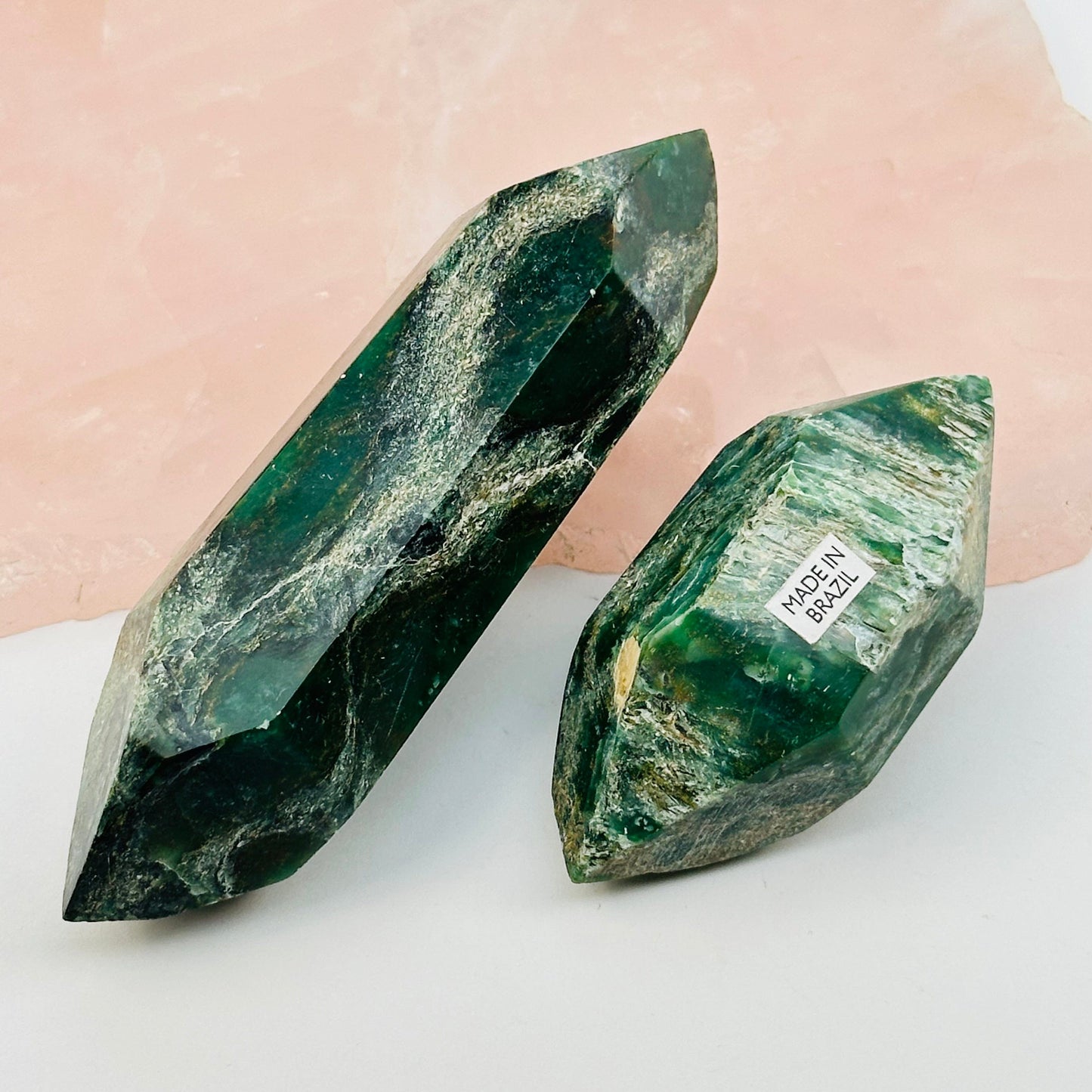 close up of the details on these fuchsite double terminated crystals