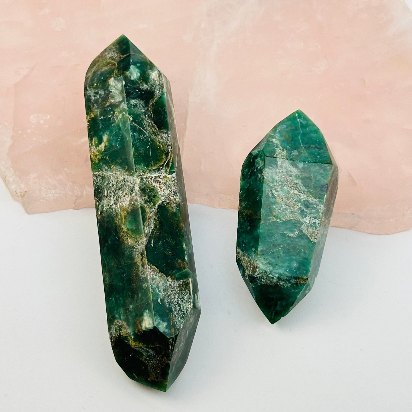 close up of the details on these fuchsite double terminated crystals