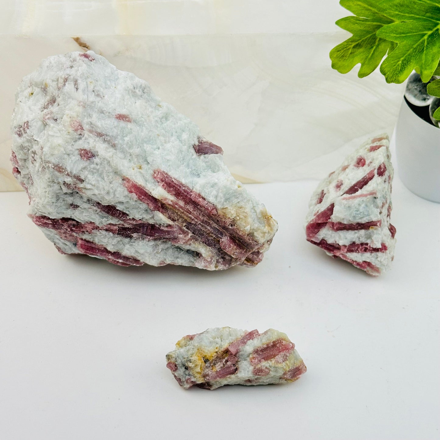 pink tourmaline crystal clusters displayed as home decor