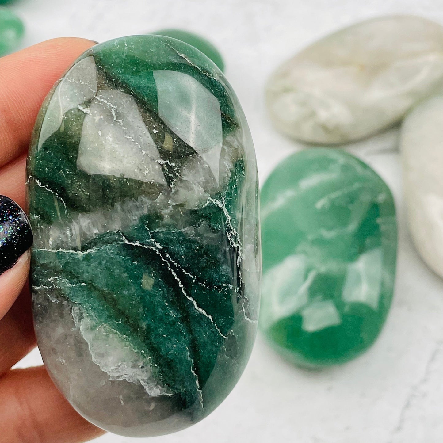 Green and White Quartz Palm Stones - By Weight