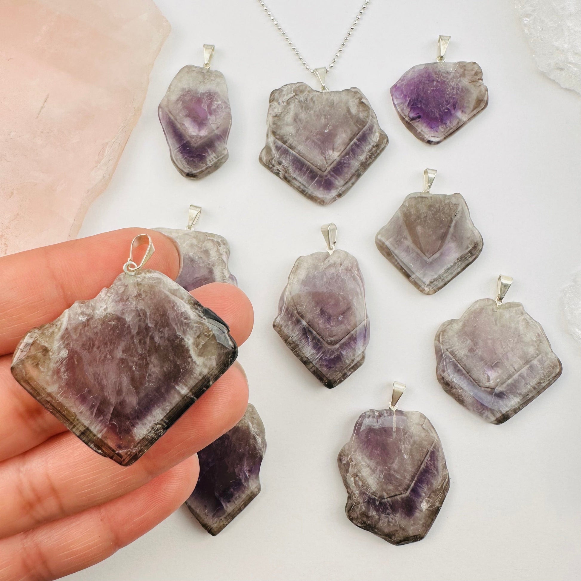 Amethyst with Smoky Quartz Crystal Polished Pendant - Silver Bail