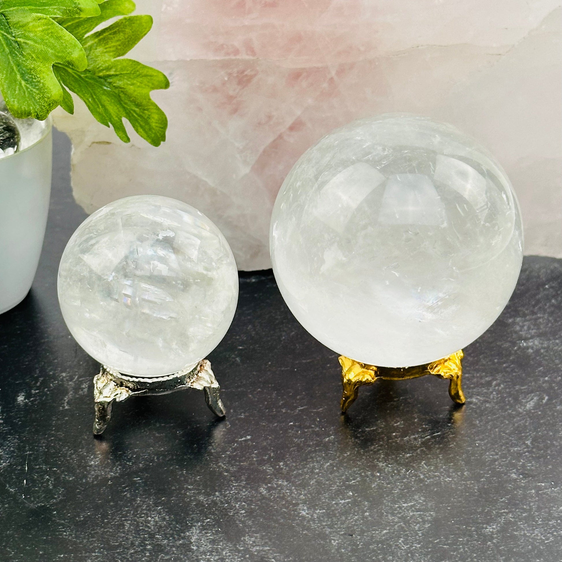 calcite crystal spheres displayed as home decor 