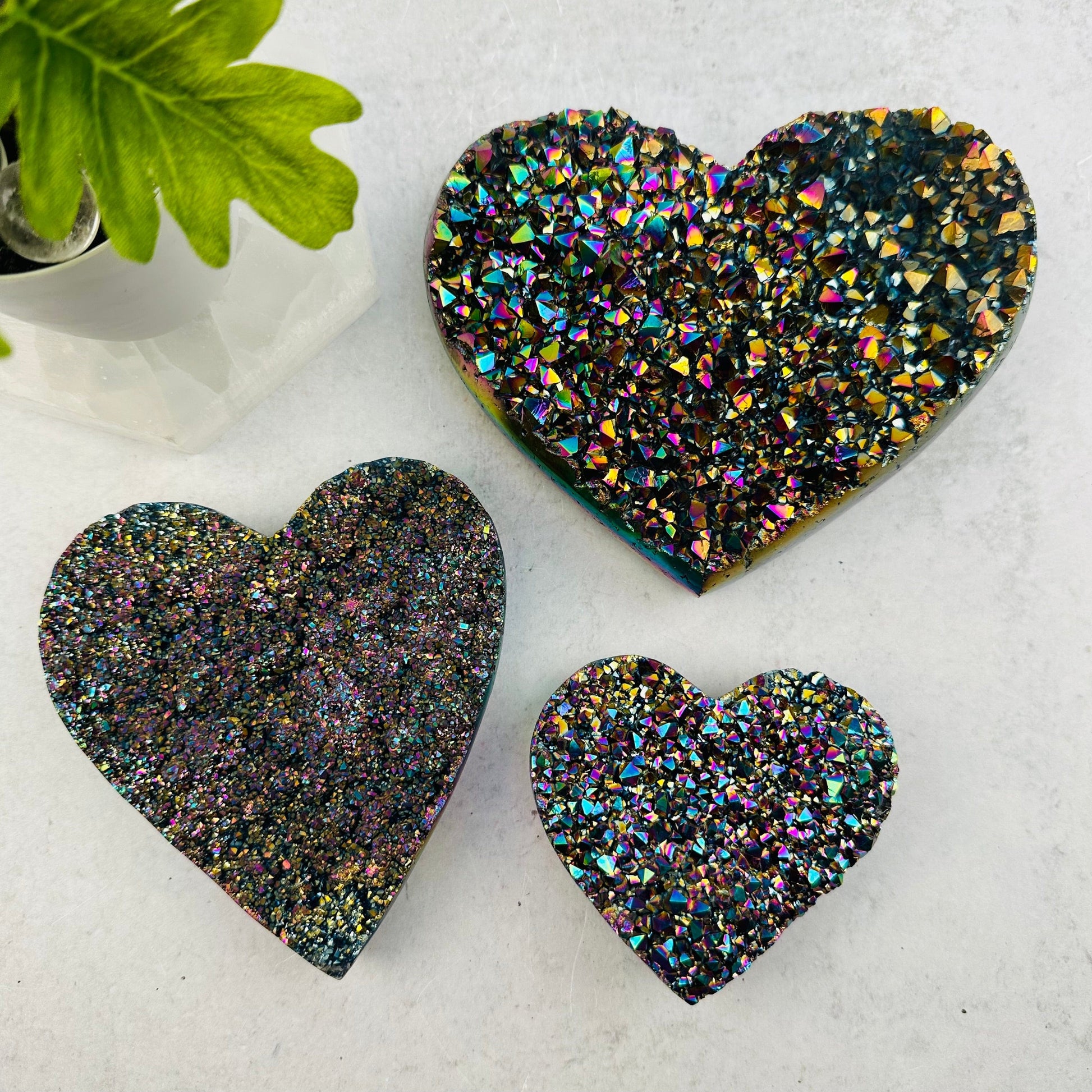 Amethyst Druzy Hearts with Rainbow Titanium Finish displayed as home decor 