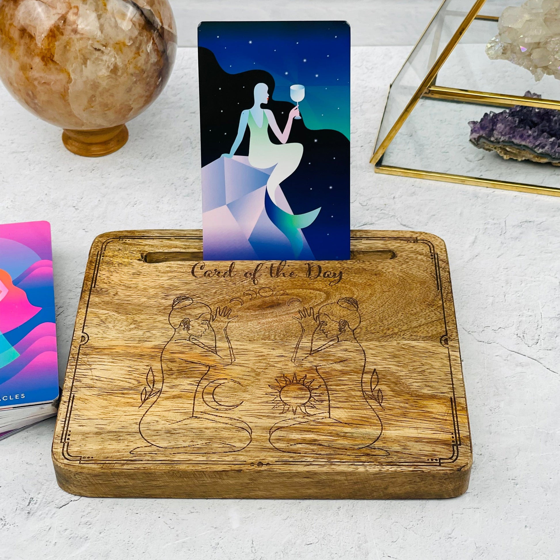 Wood Card Holder - Engraved Goddesses displayed as home decor 