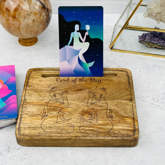 Wood Card Holder - Engraved Goddesses displayed as home decor 