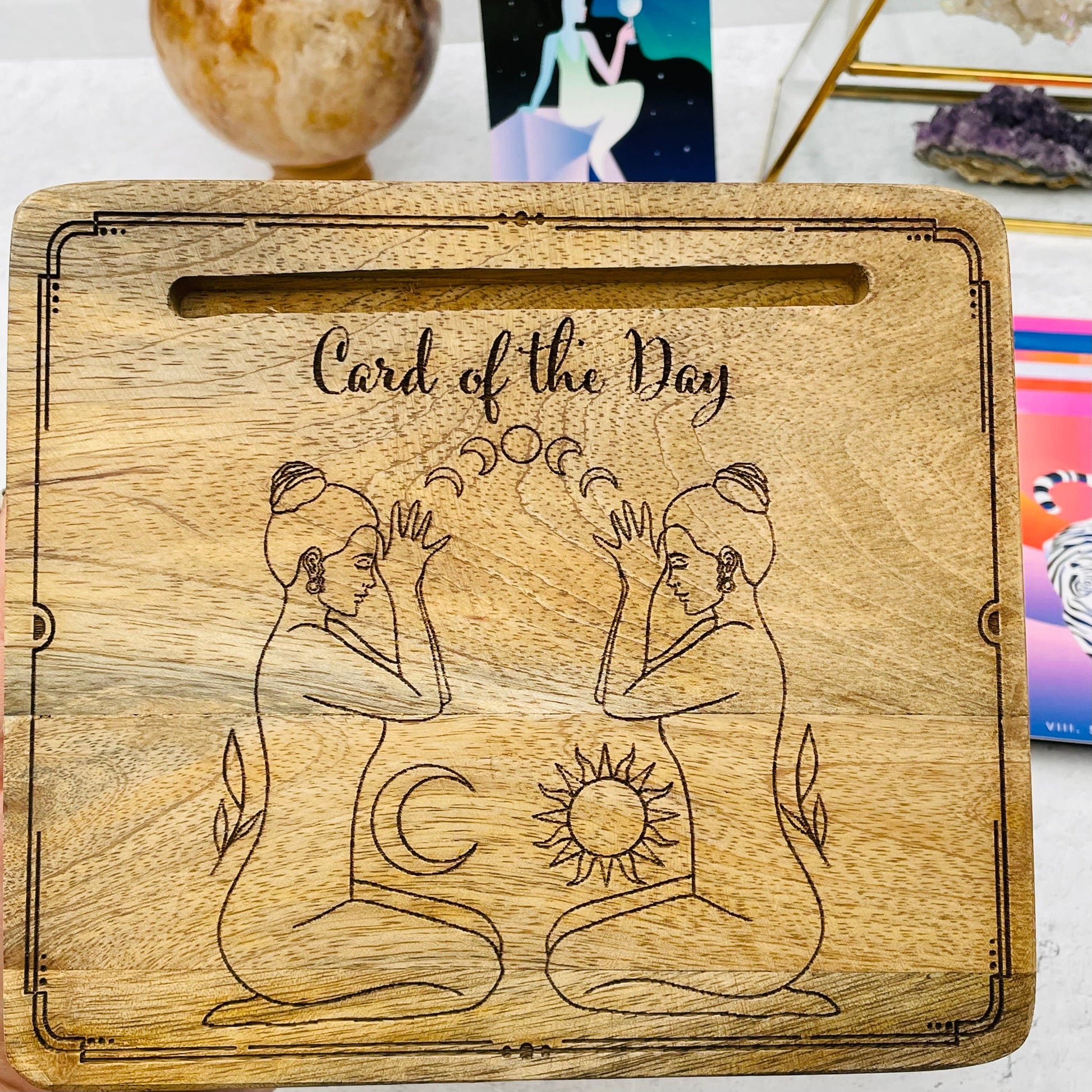 Wood Card Holder - Engraved Goddesses