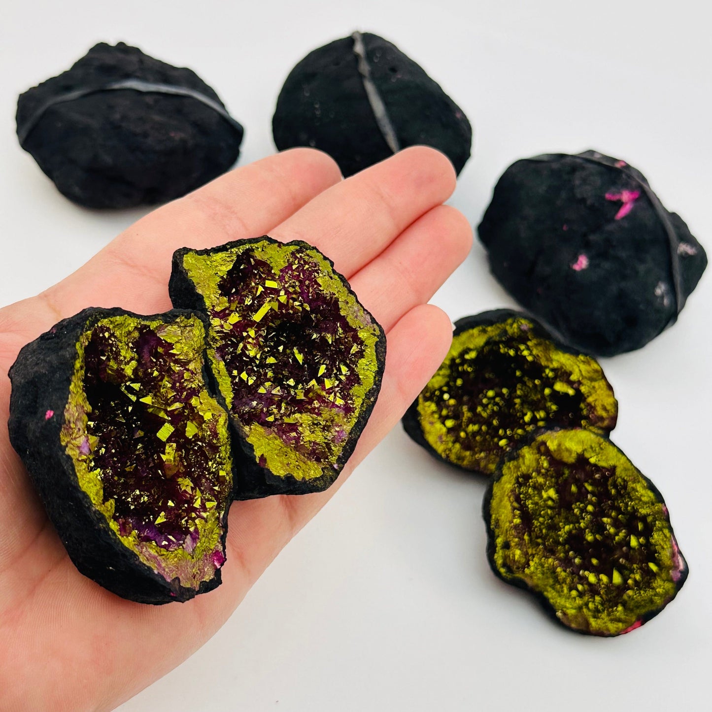 dyed geode on hand for size reference 