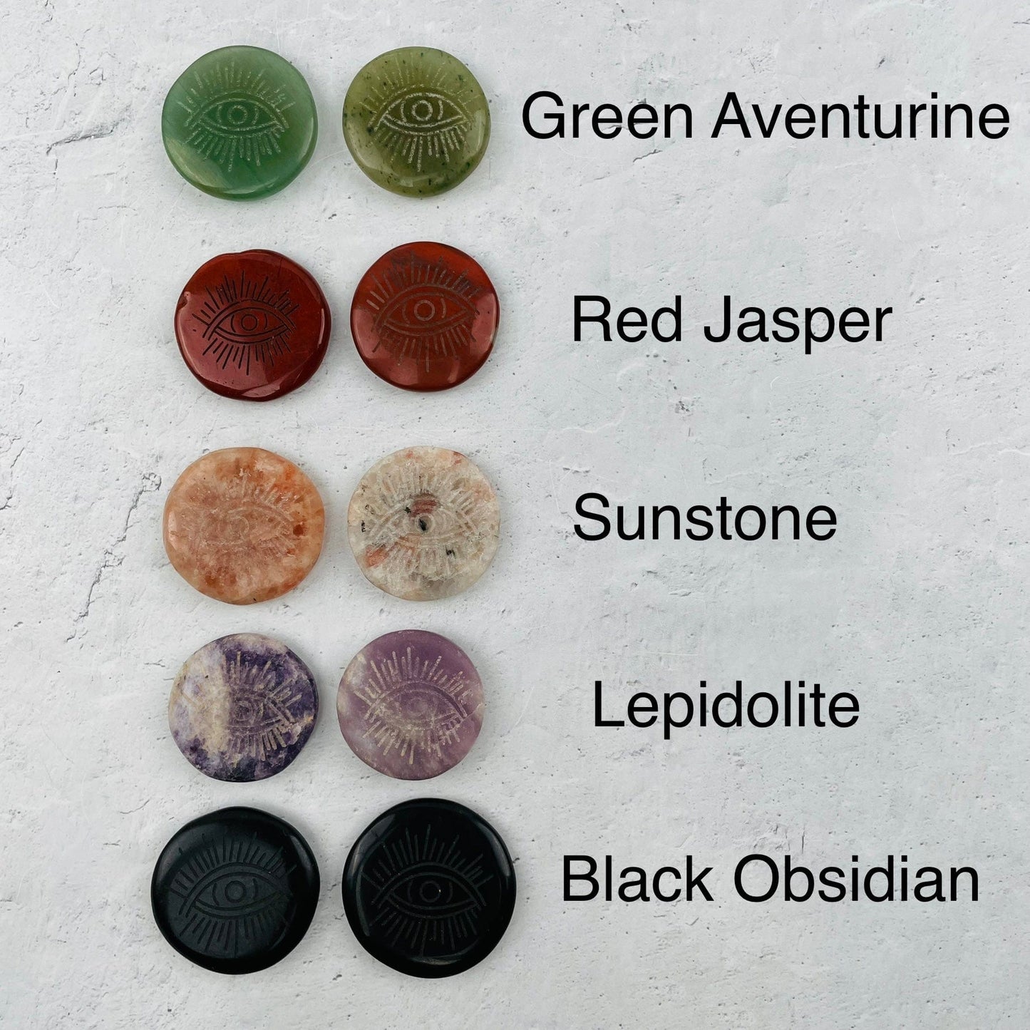 palm stone next to its crystal name 