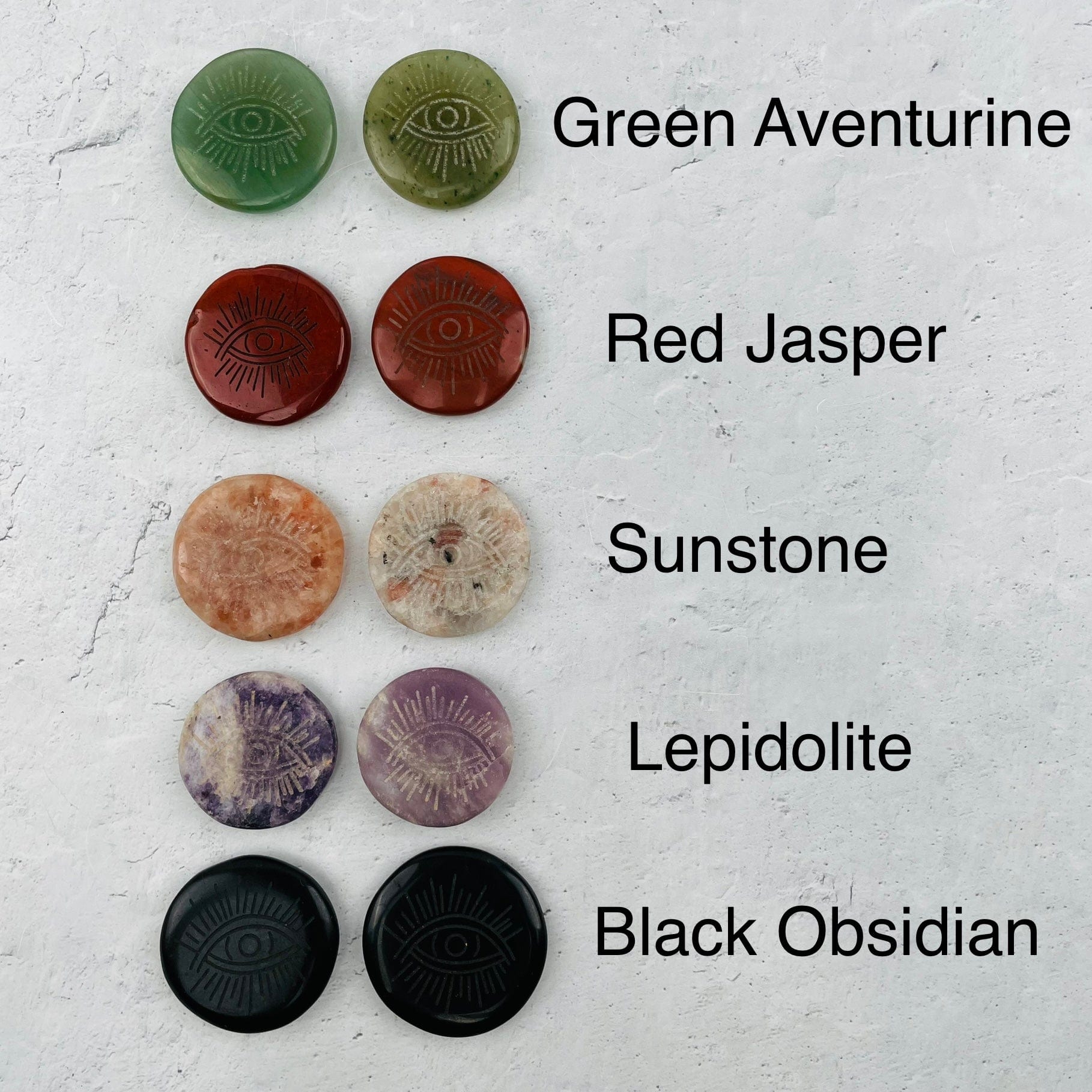 palm stone next to its crystal name 