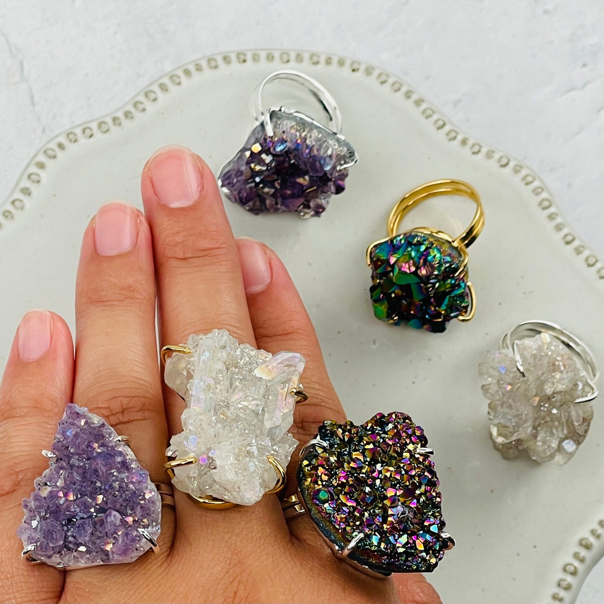 Titanium Treated Crystal Cluster Ring with Gold or Silver Band