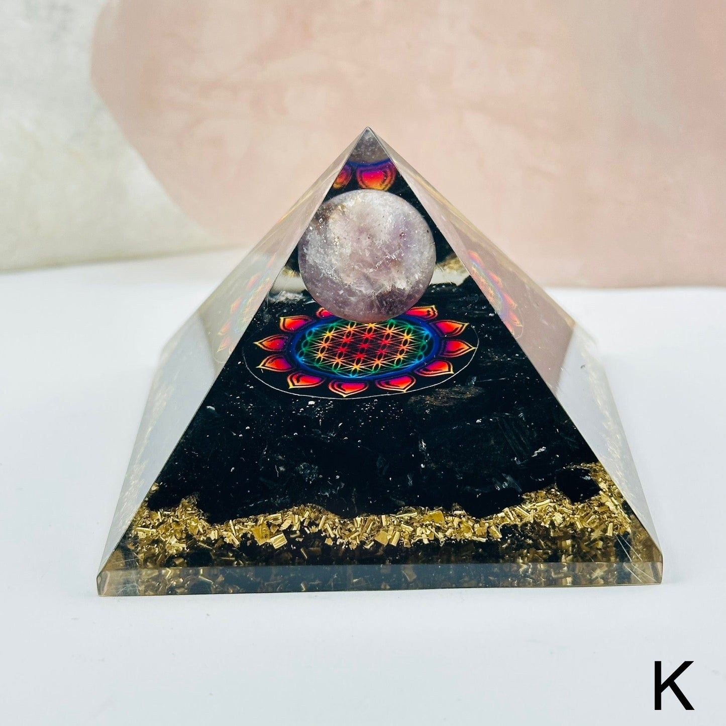 orgone crystal pyramids available with different crystal types. close up of the details on option K