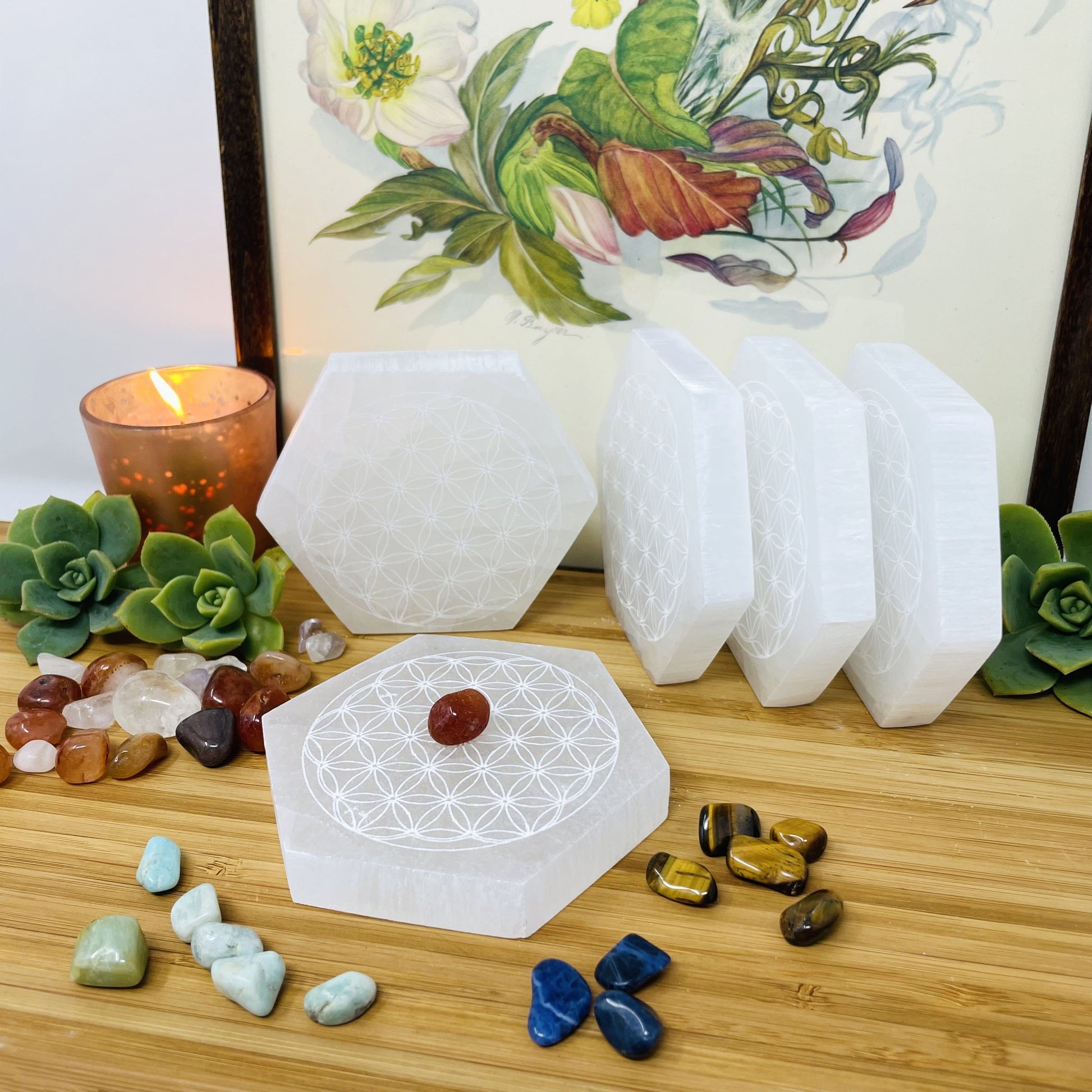 selenite hexagons engraved with flower of life on display for thickness and possible variations
