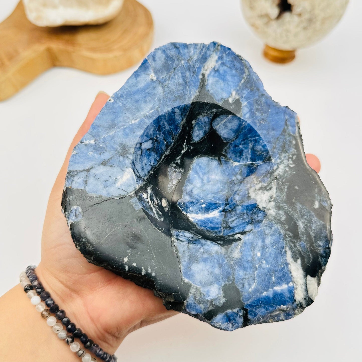 close up of the details on this sodalite crystal dish
