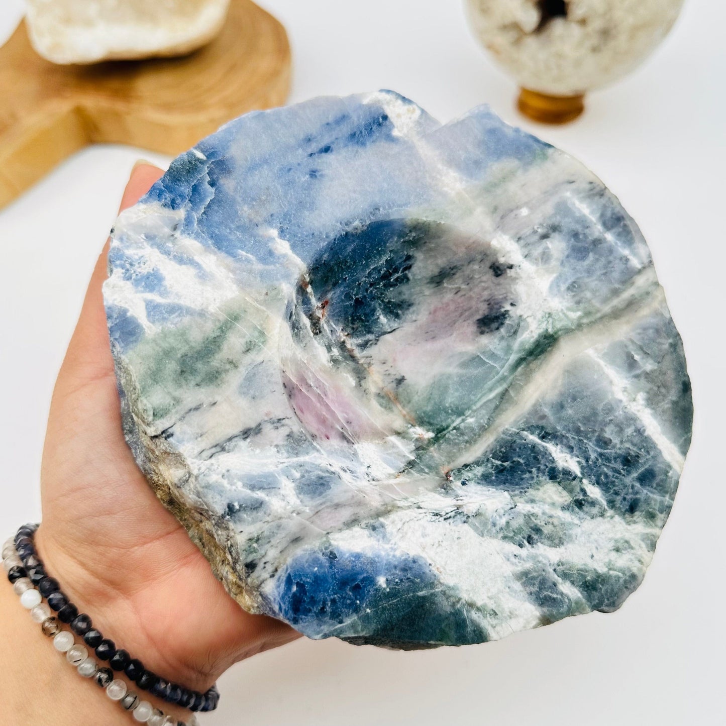 close up of the details on this sodalite crystal dish