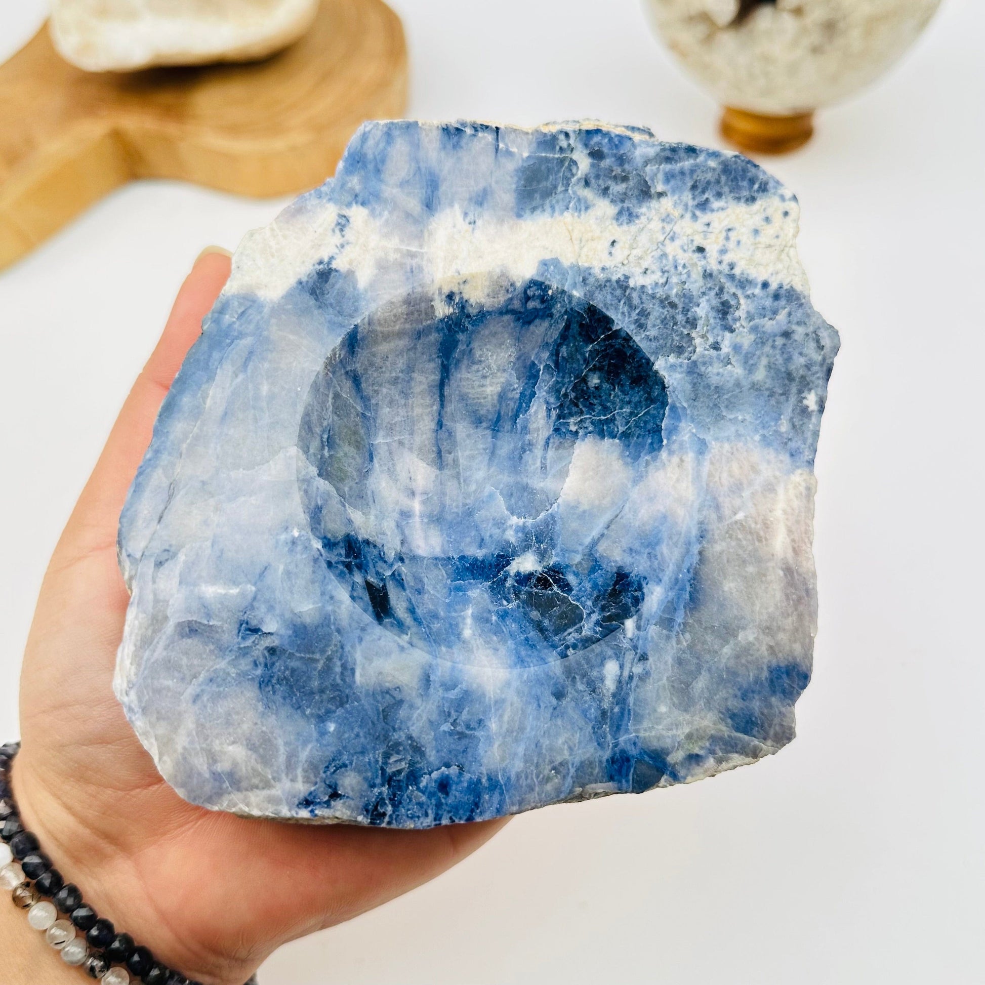 close up of the details on this sodalite crystal dish