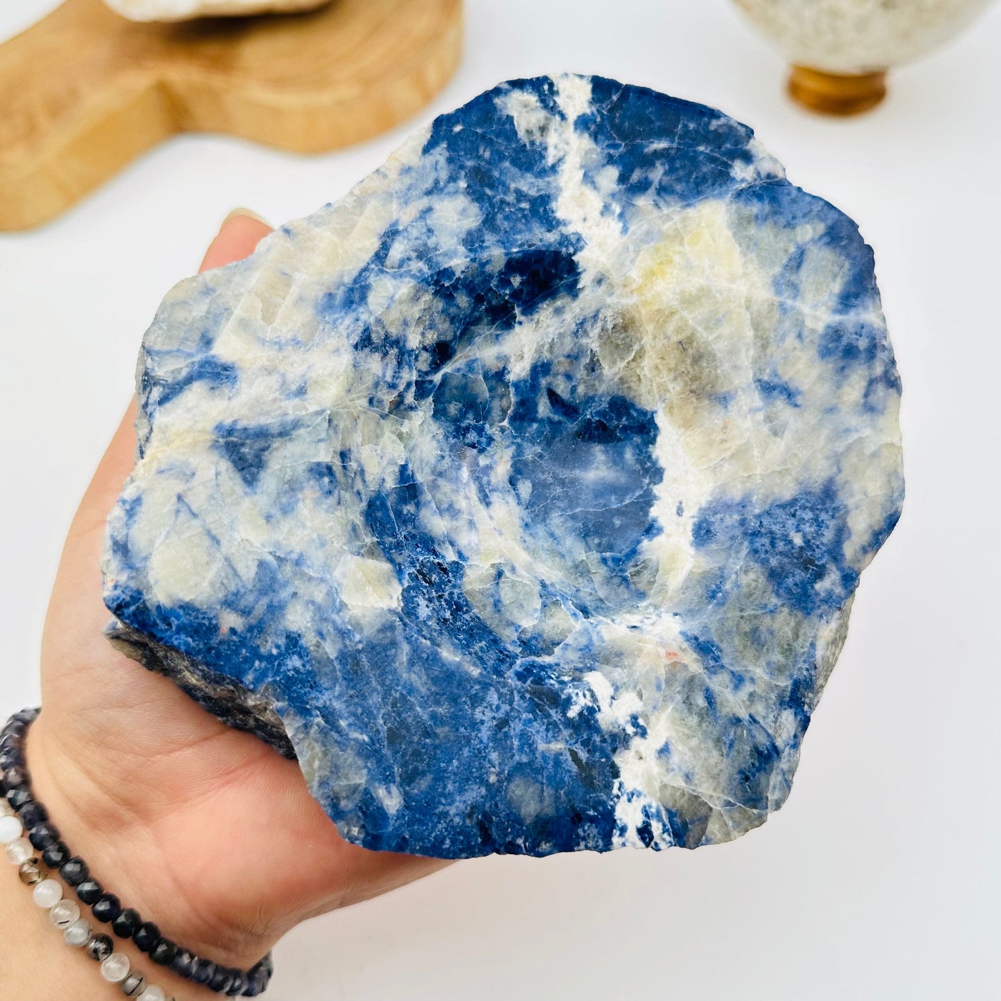 close up of the details on this sodalite crystal dish