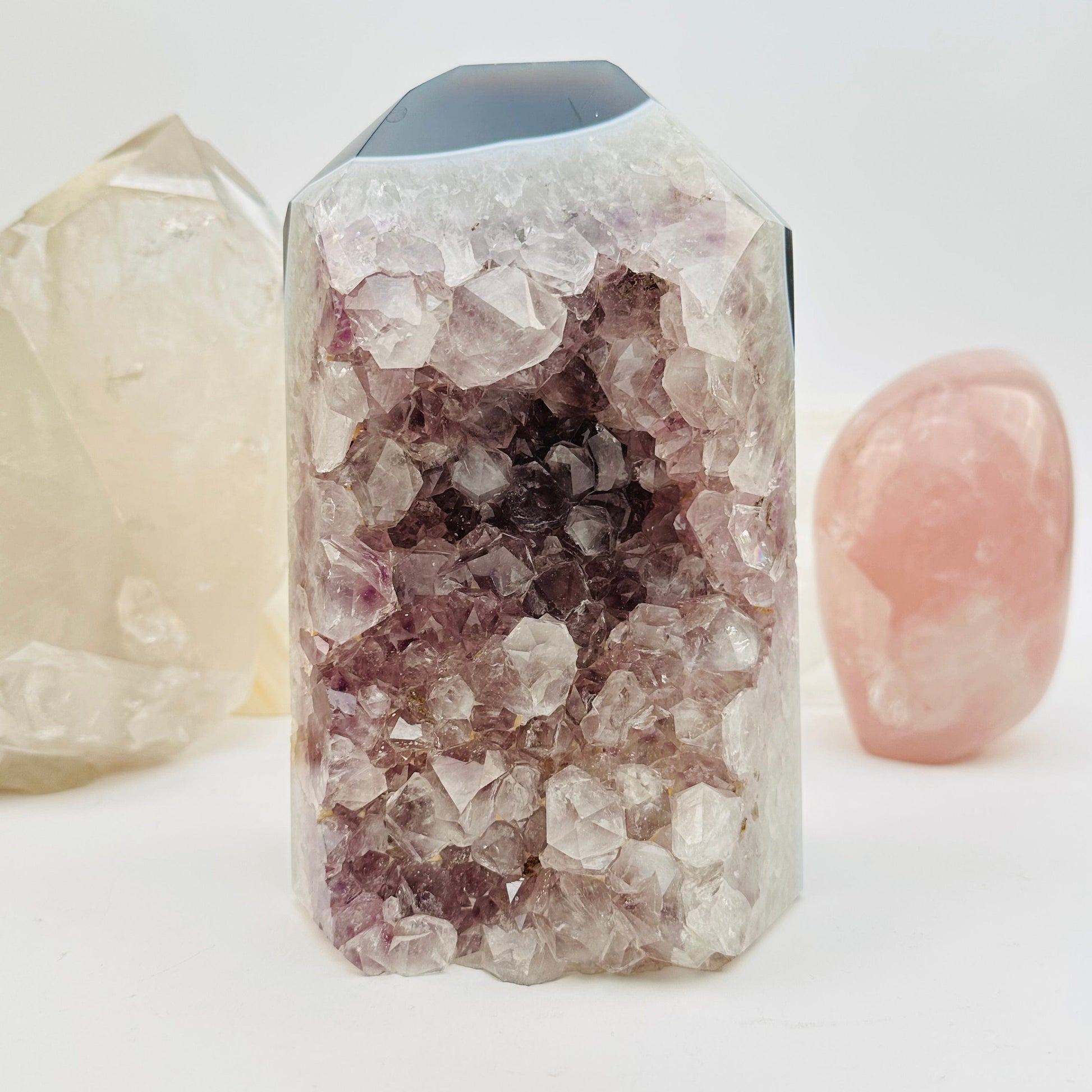 amethyst crystal cut base displayed as home decor 