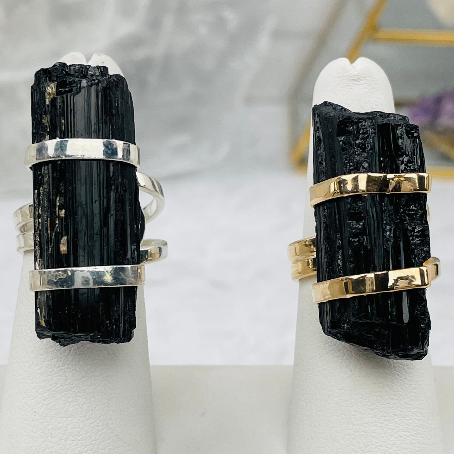lack Tourmaline Adjustable Ring - Silver and Gold Plated