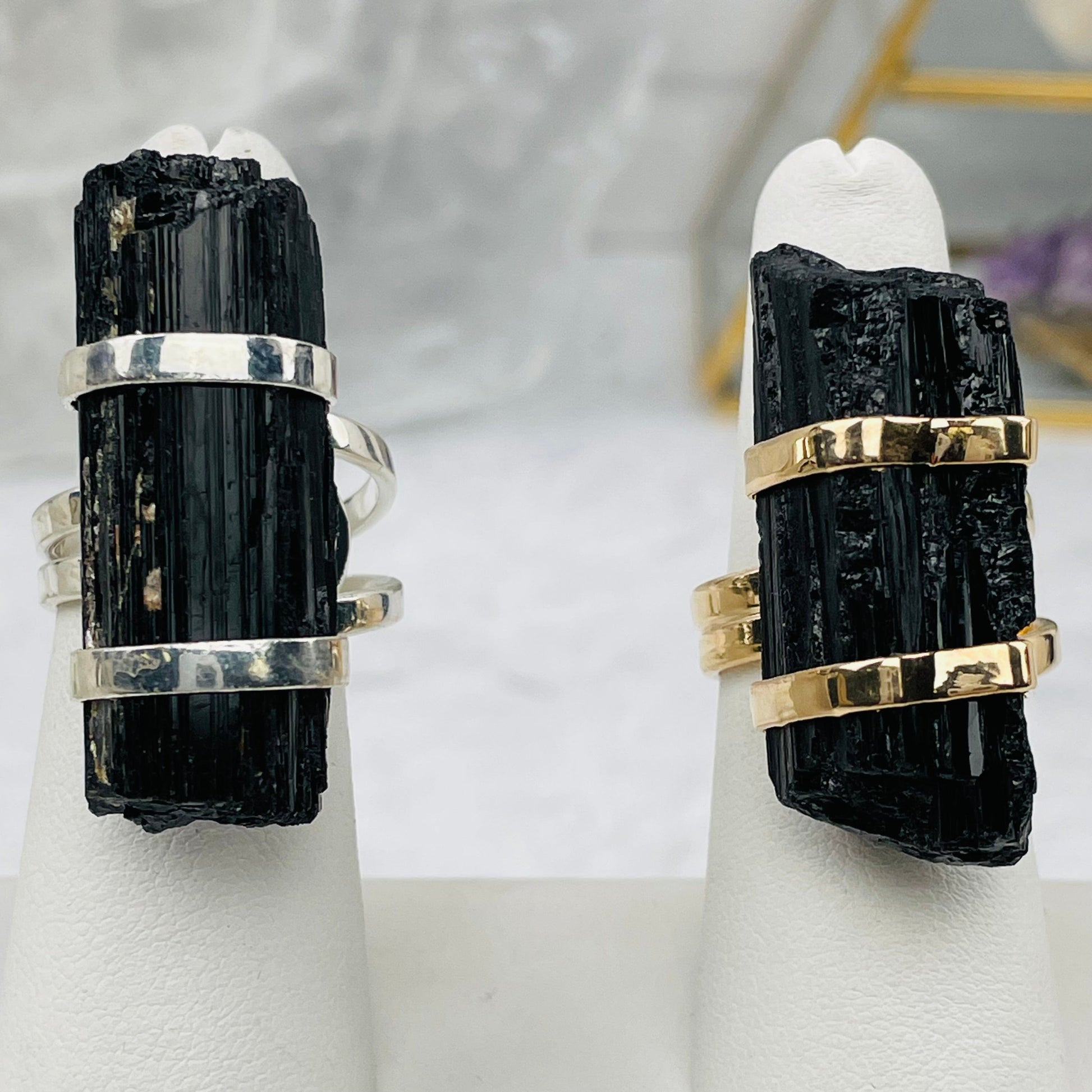 lack Tourmaline Adjustable Ring - Silver and Gold Plated