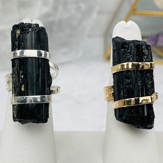 lack Tourmaline Adjustable Ring - Silver and Gold Plated
