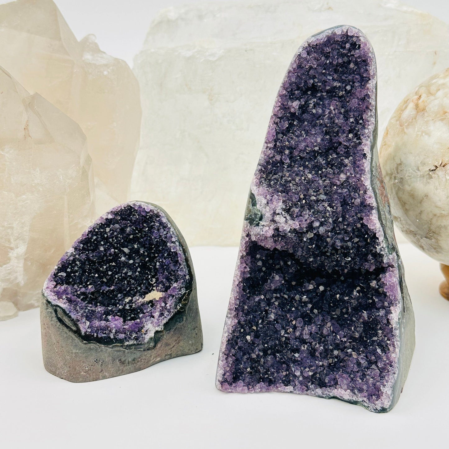 black amethyst druzy cut base crystals displayed as home decor 