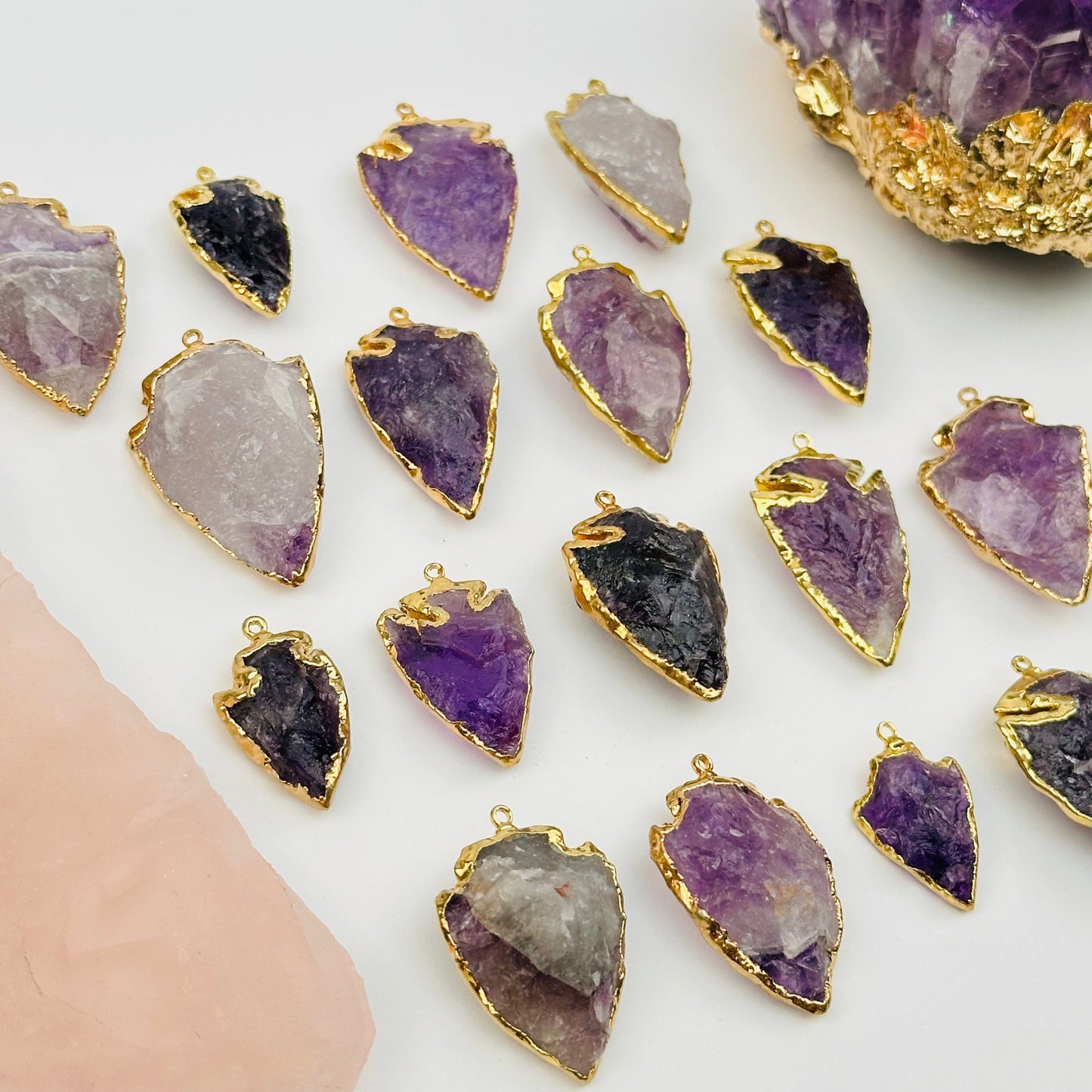 amethyst arrowhead pendant charm with 24k gold electroplated edges 
