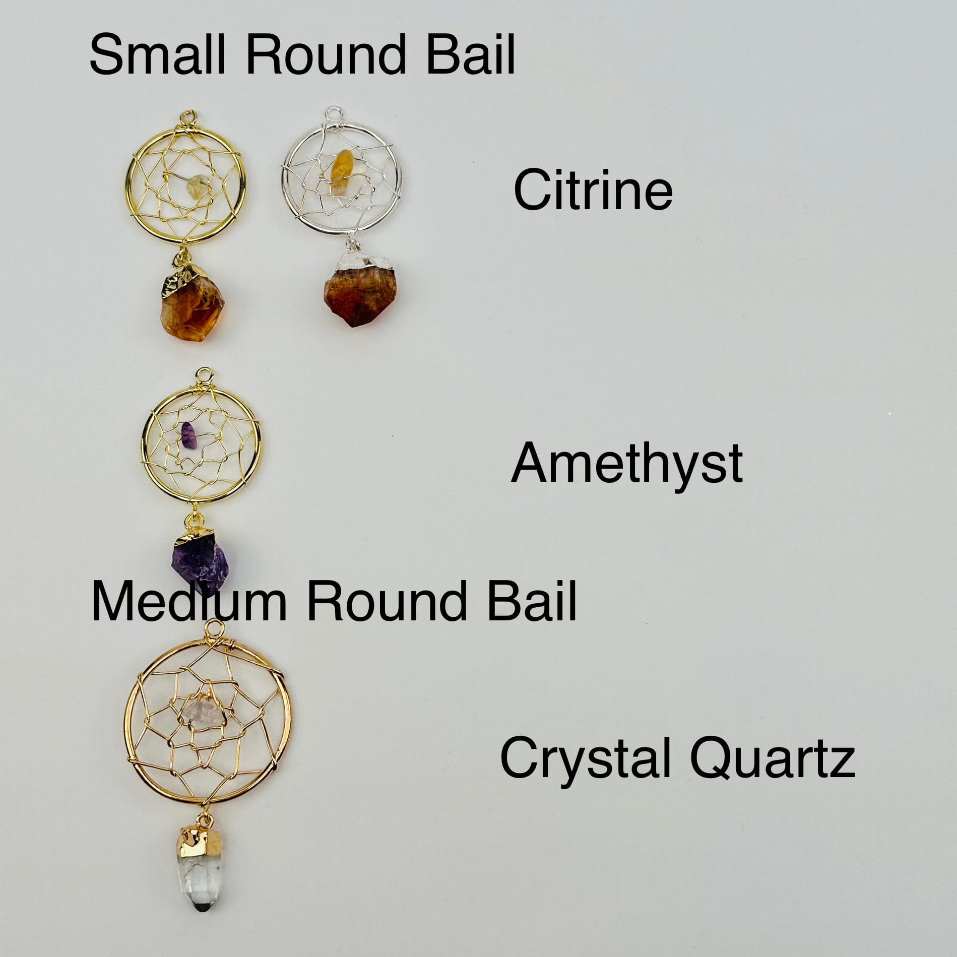 pendants displayed next to their crystal name