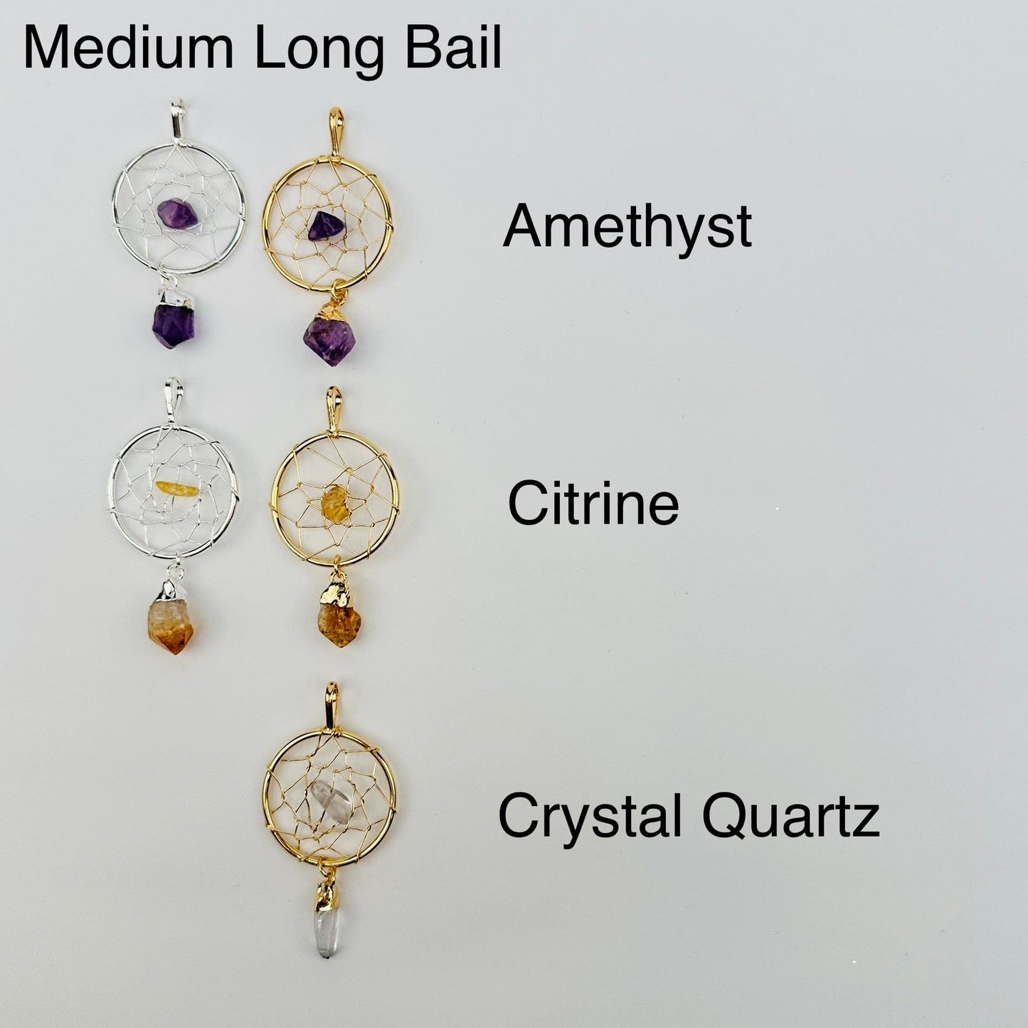pendants displayed next to their crystal name