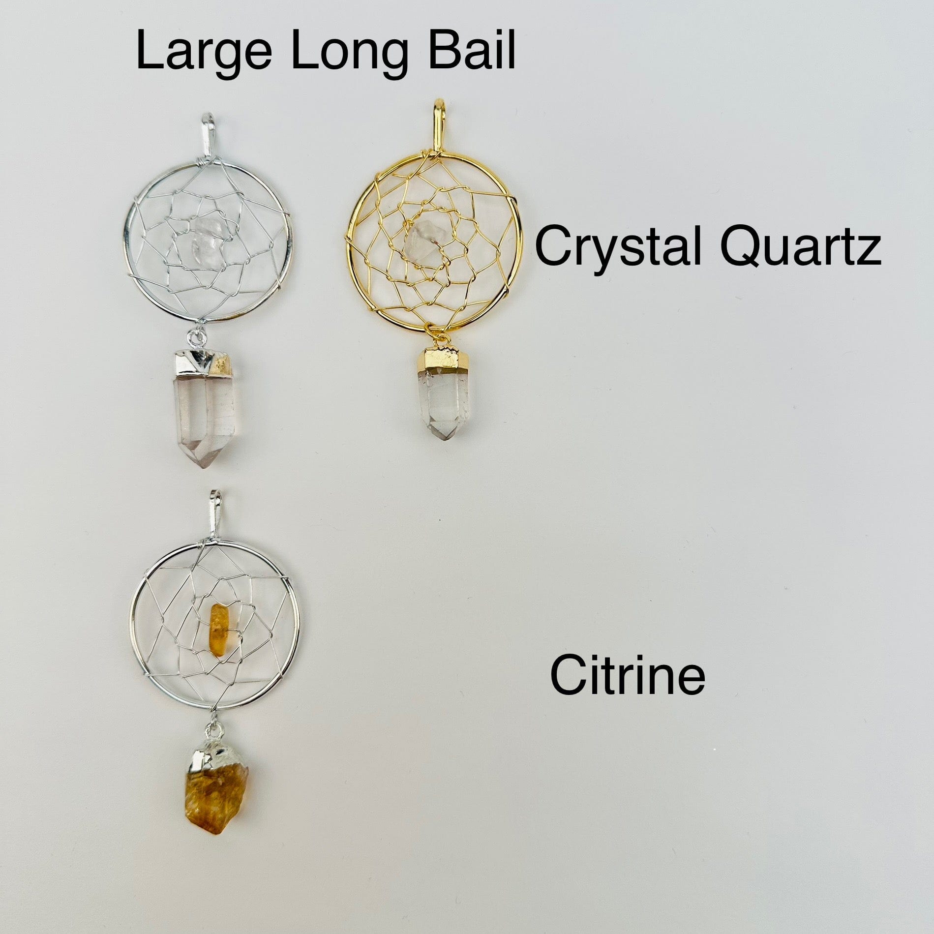 pendants displayed next to their crystal name