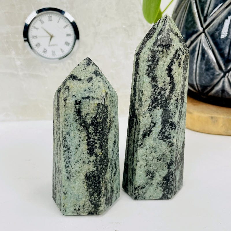 green snakeskin jasper points set as home decor