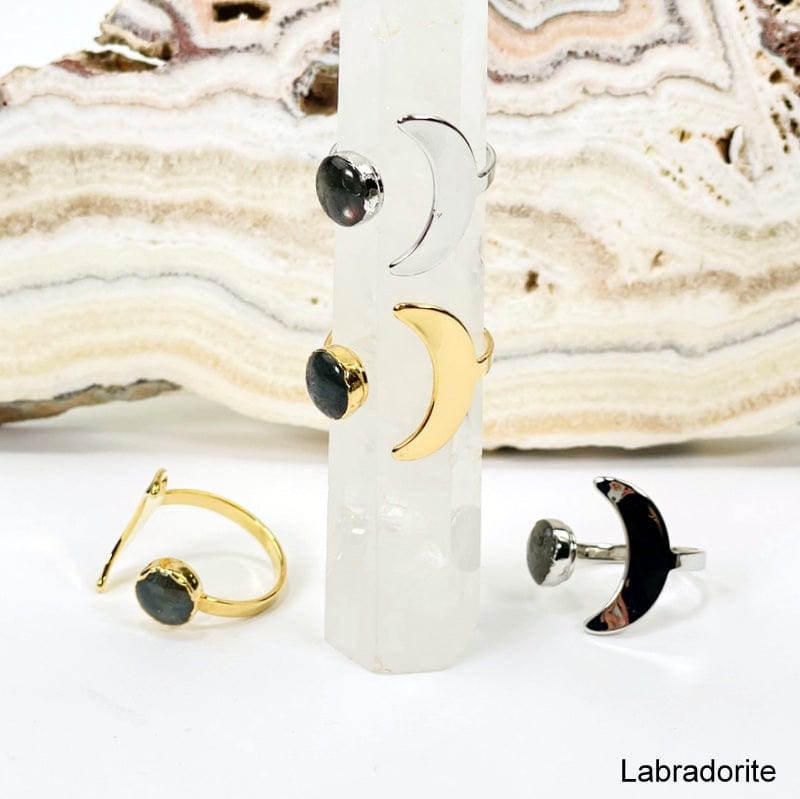 close up of moon rings with labradorite gemstone accent
