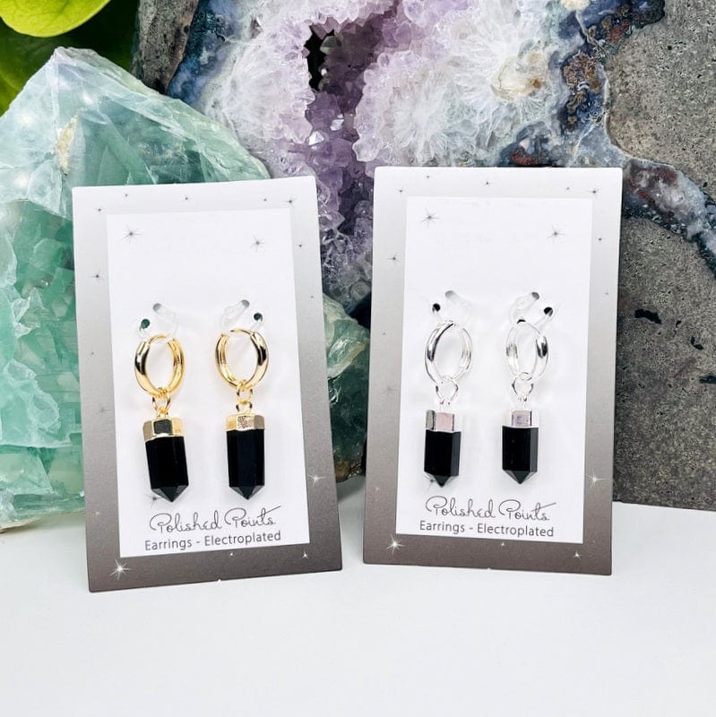 polished point earrings in Black obsidian available in electroplated gold or silver 