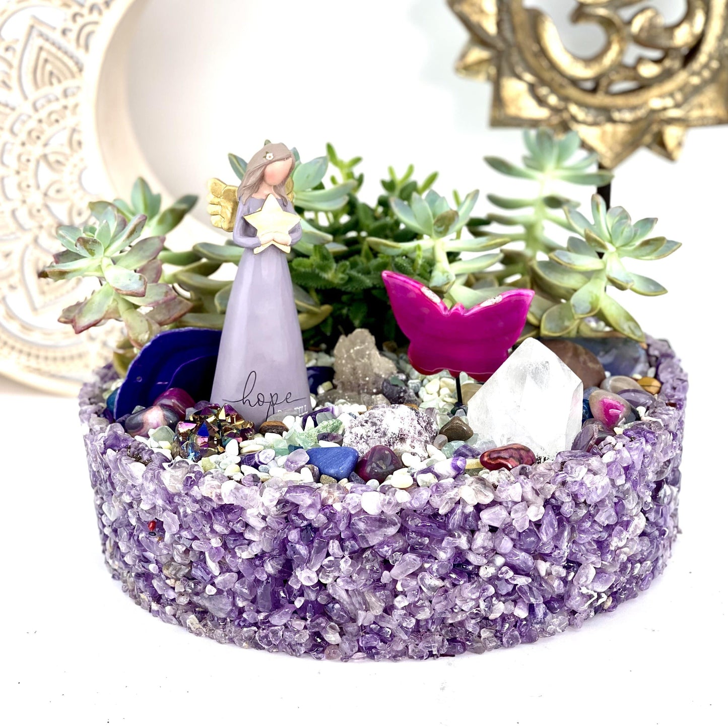 Tumbled Stone Bowl  - amethyst with a garden in it