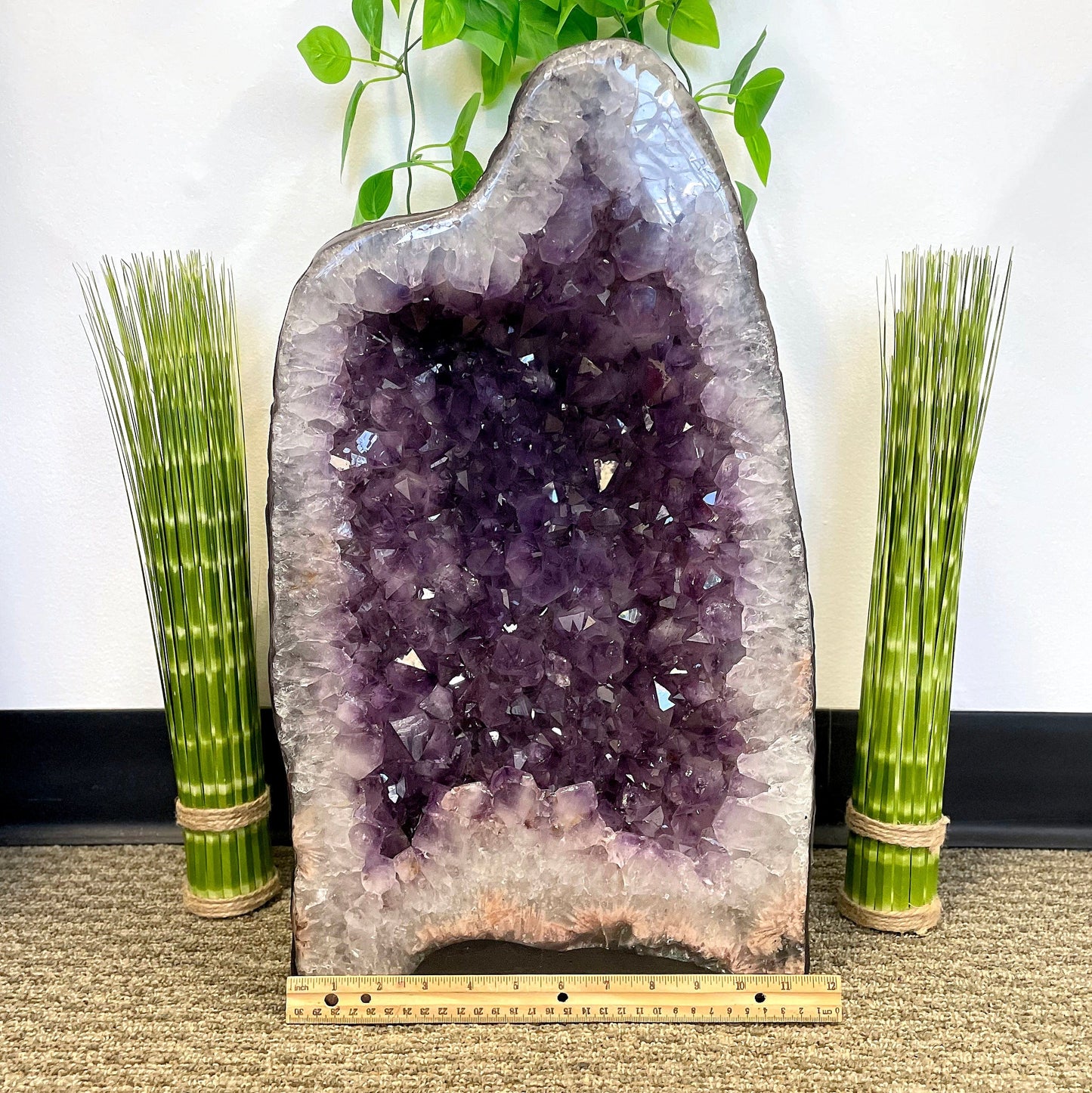 front of amethyst cave geode with horizontal ruler for width reference