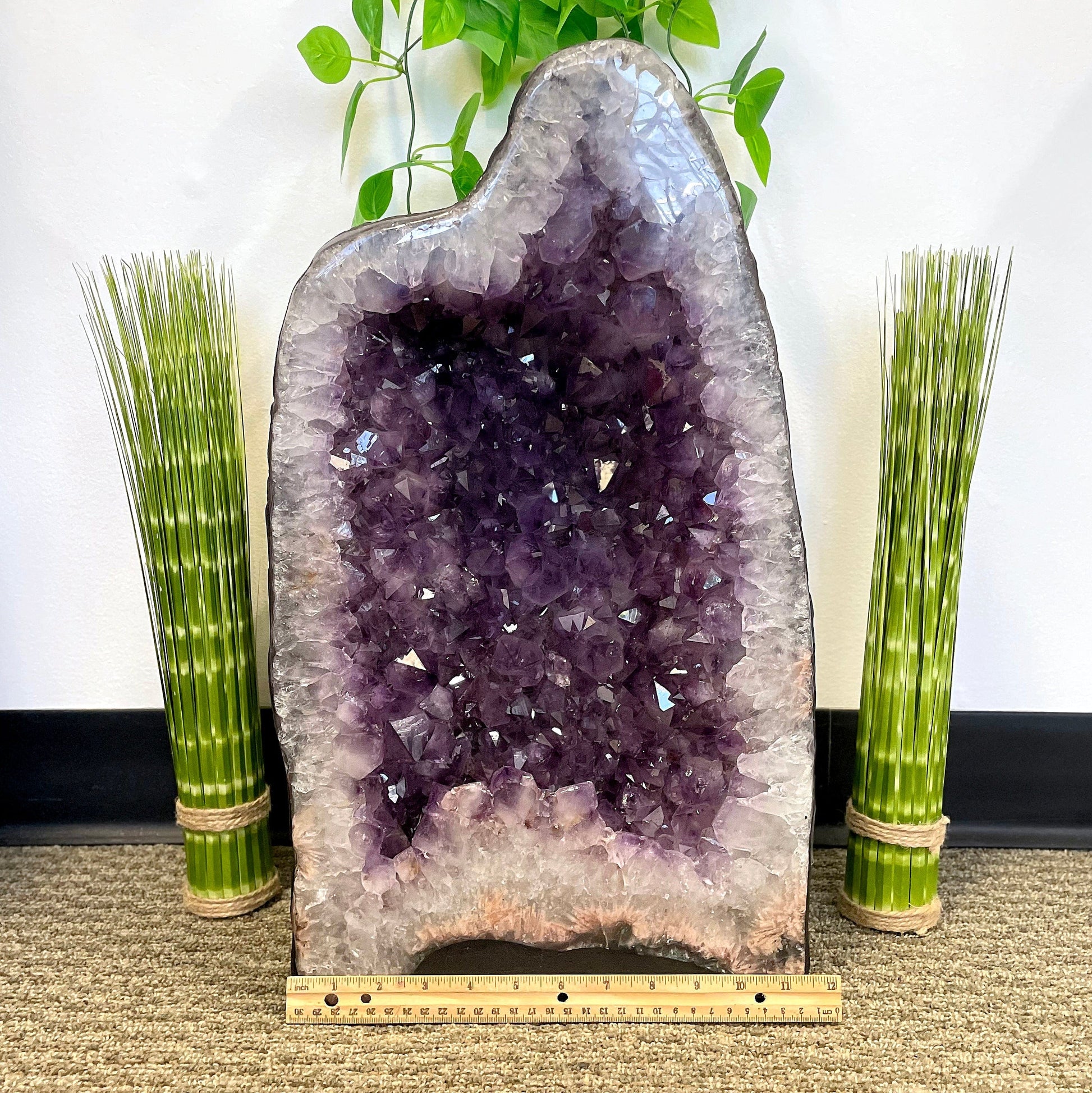 front of amethyst cave geode with horizontal ruler for width reference