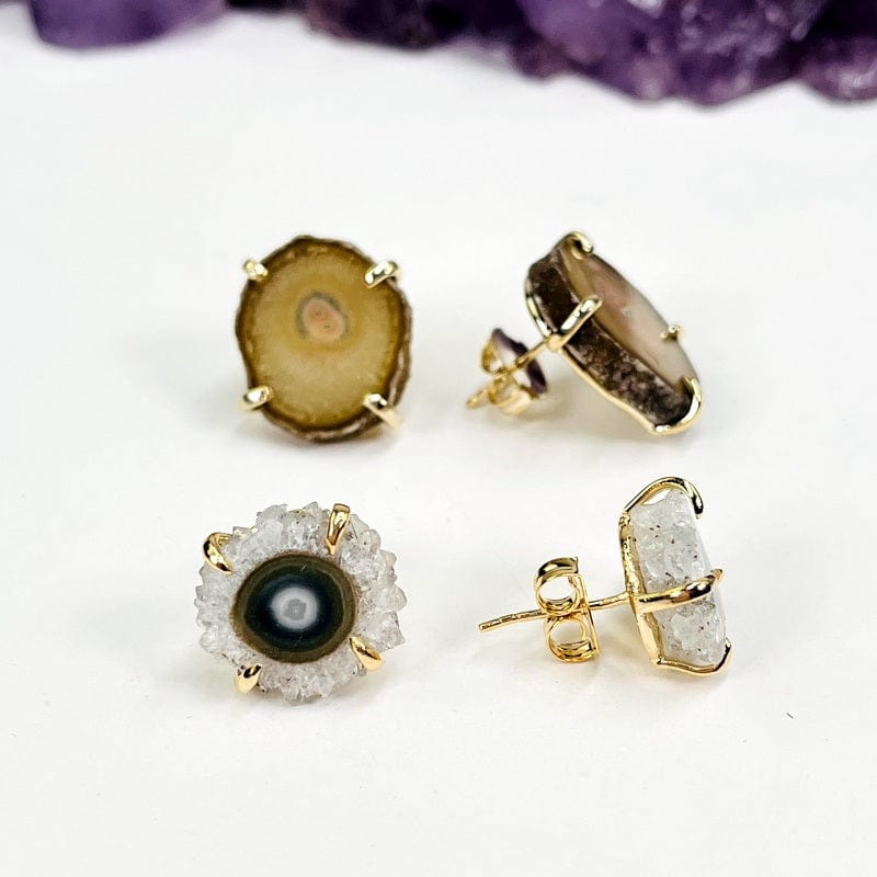 close up of the earrings showing the back side is a stud style earring 