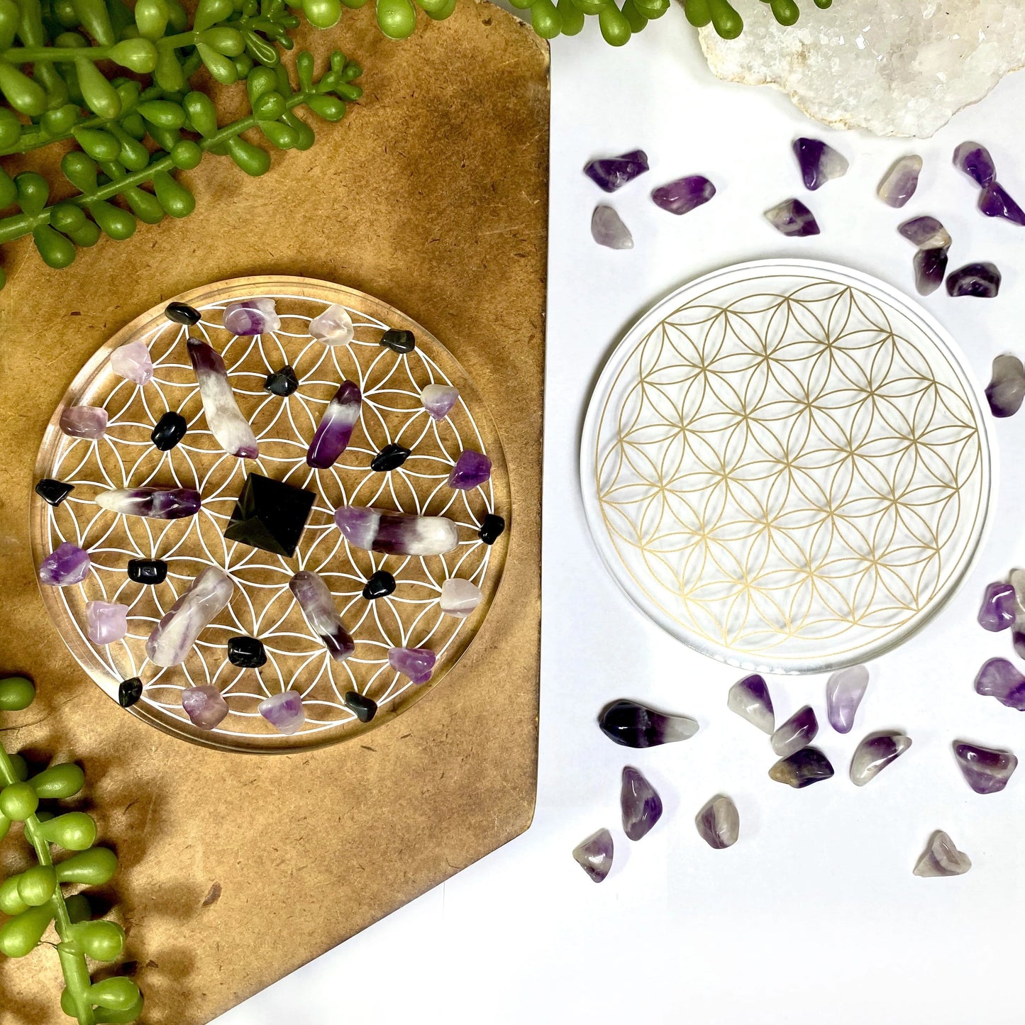 mini acrylic grids displayed with crystals 