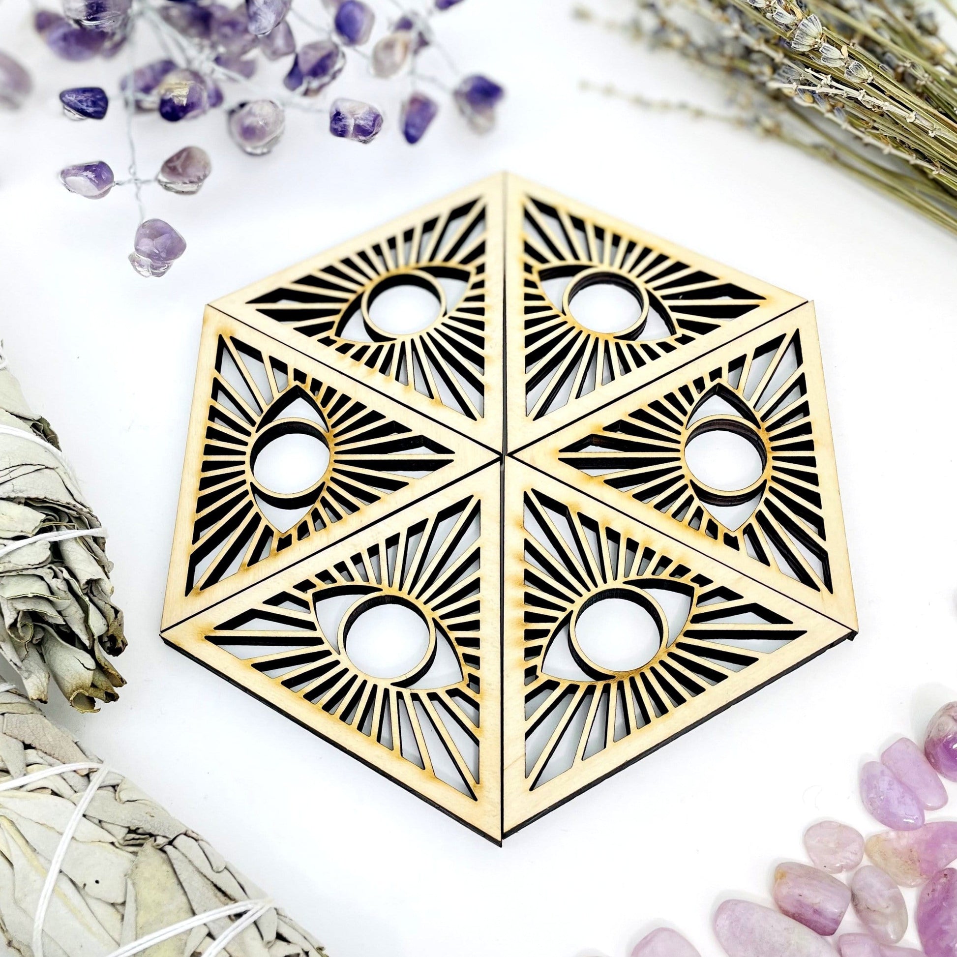 6 Eye of Providence Wooden Sphere Stand on a white background.