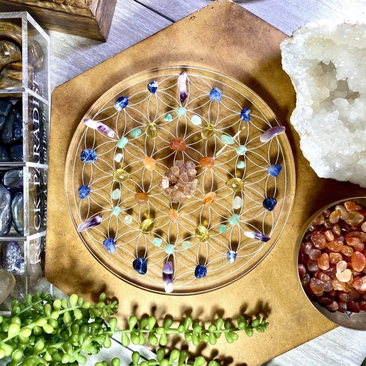 Crystal Grid Flower of Life Acrylic Grid with  tumbled stones on top (stones not included)