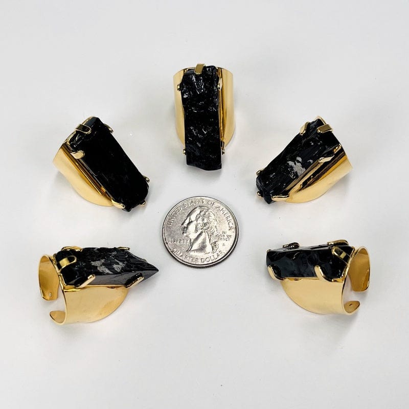 tourmaline rings next to a quarter for size reference 