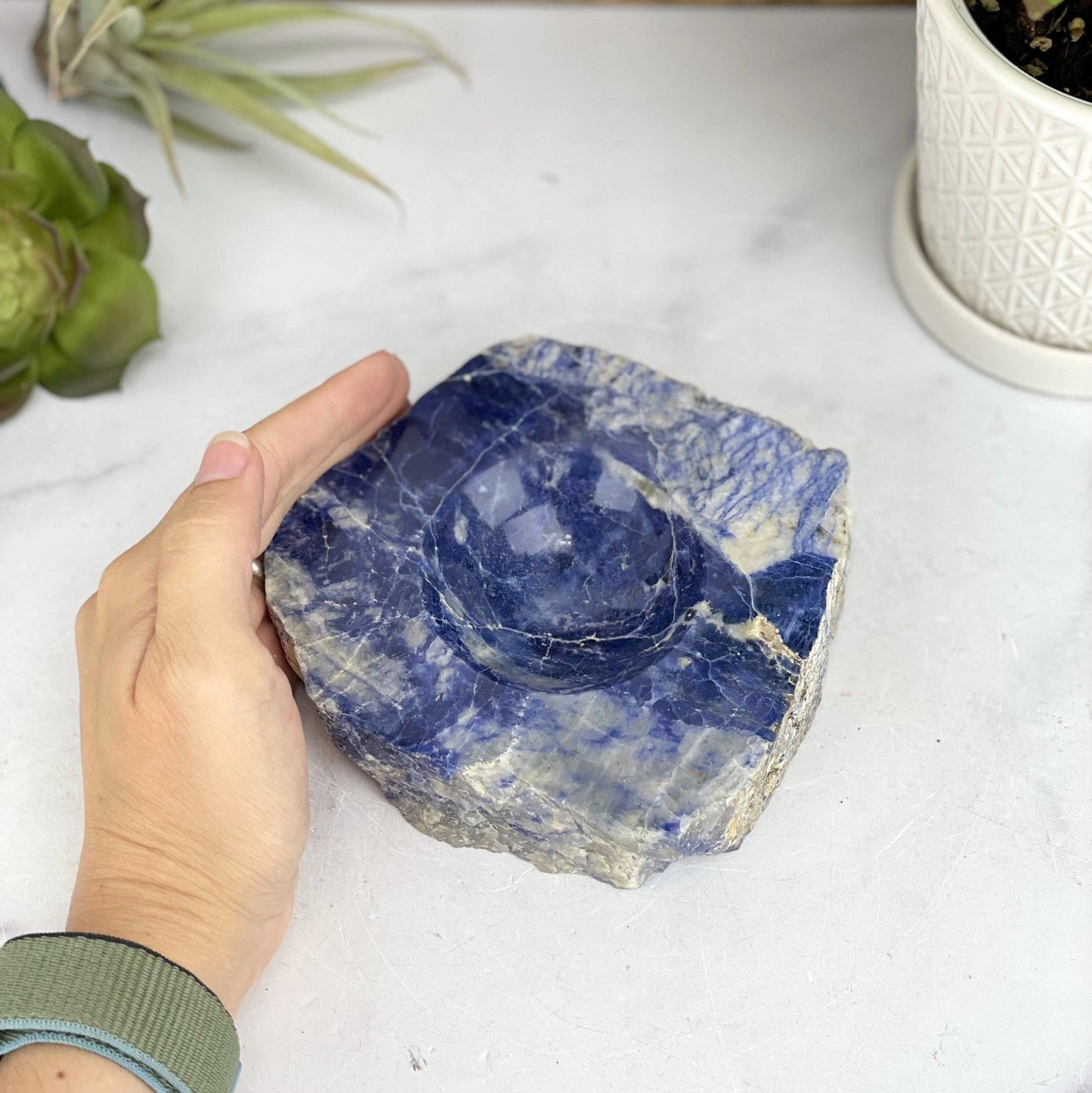 sodalite polished soap dish with hand for size reference