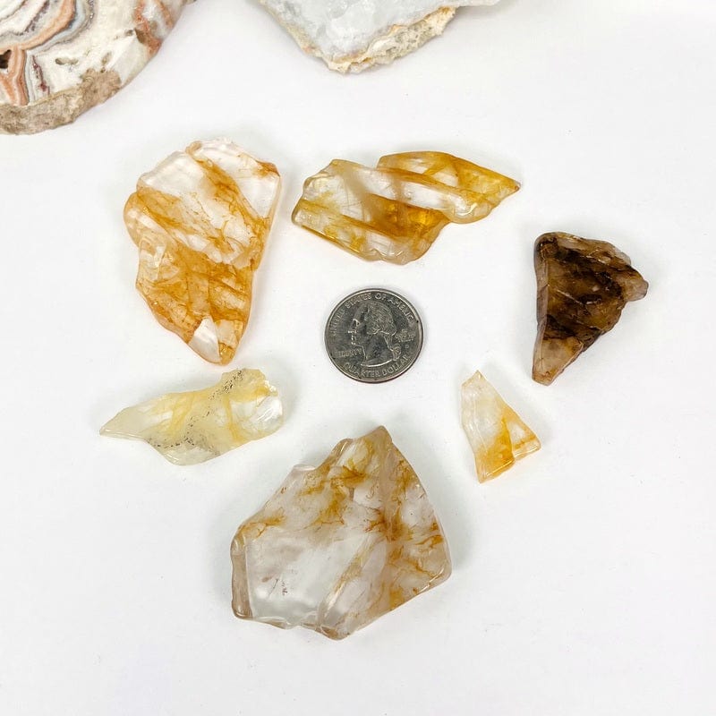 golden healer stone semi polished slabs next to a quarter for size reference 