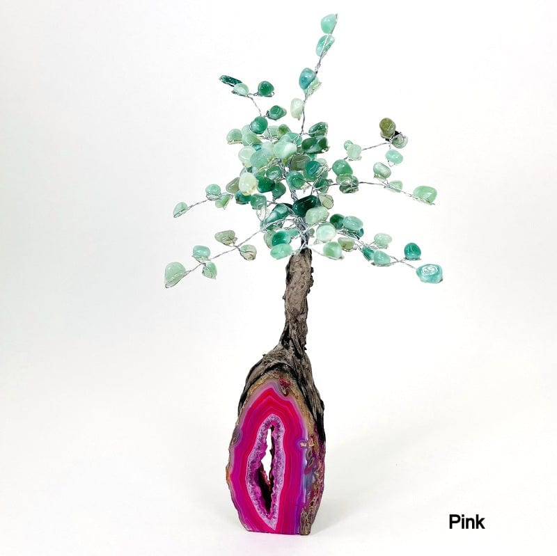 pink geode base tree with green quartz tumbled stones on the top portion